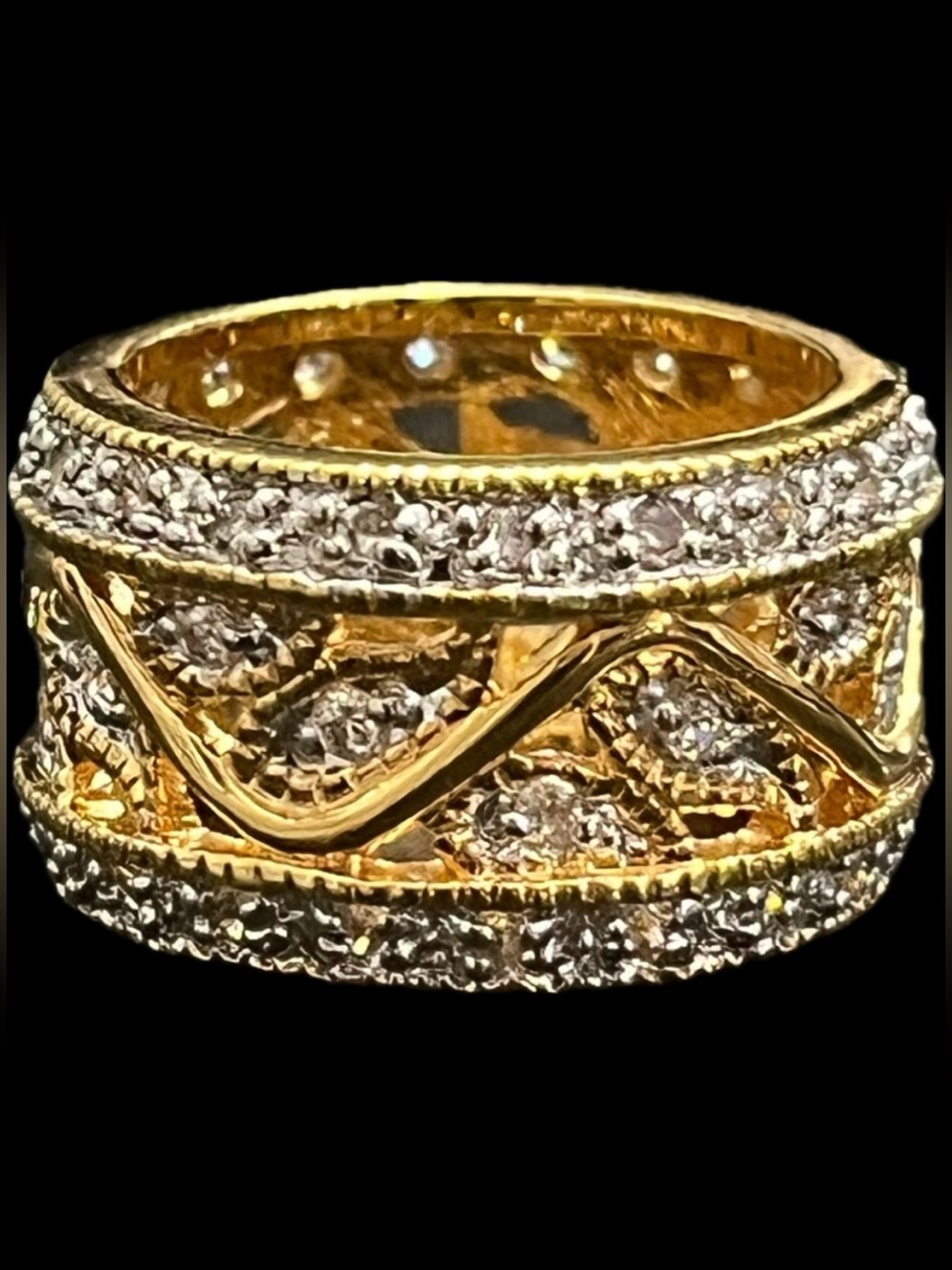 Suzanne Somers Vintage floral leaf pave set CZ ETERNITY band wedding ring Gold